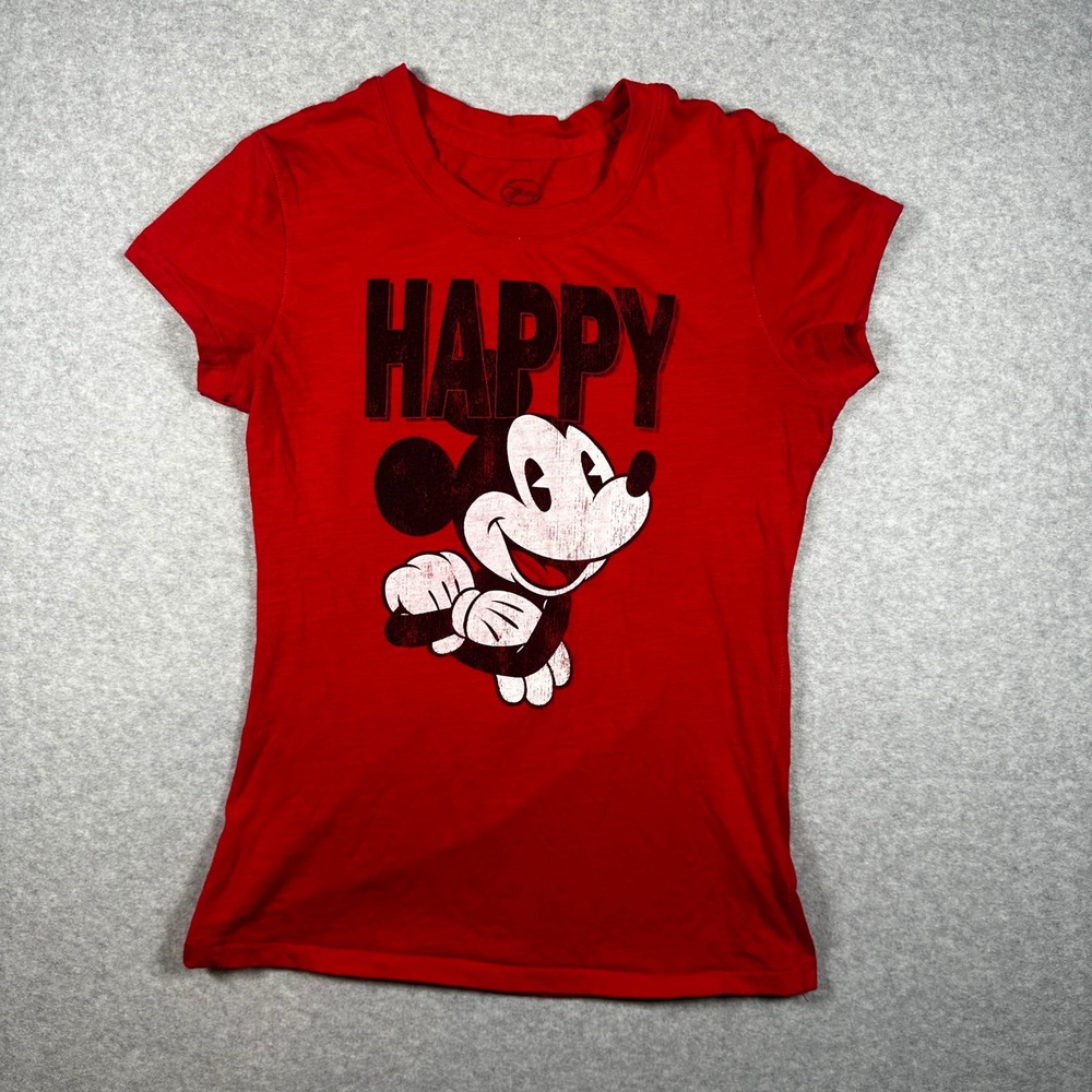 Disney Mickey Mouse Happy Graphic Tee Red Short Sleeve Shirt Womens Small